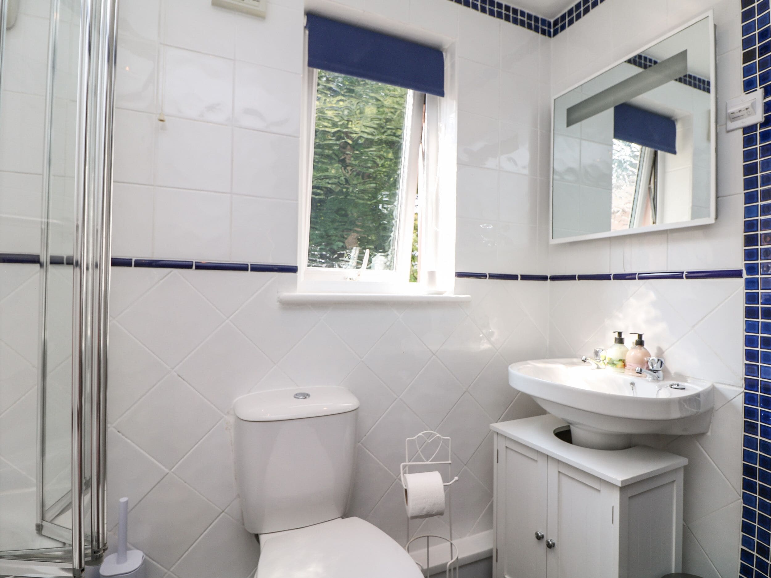 Une salle de bain avec des toilettes, un lavabo et une douche.