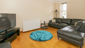 A living room with a black leather sofa, a blue rug, a TV, and a radiator. - Westwood (Ballater)