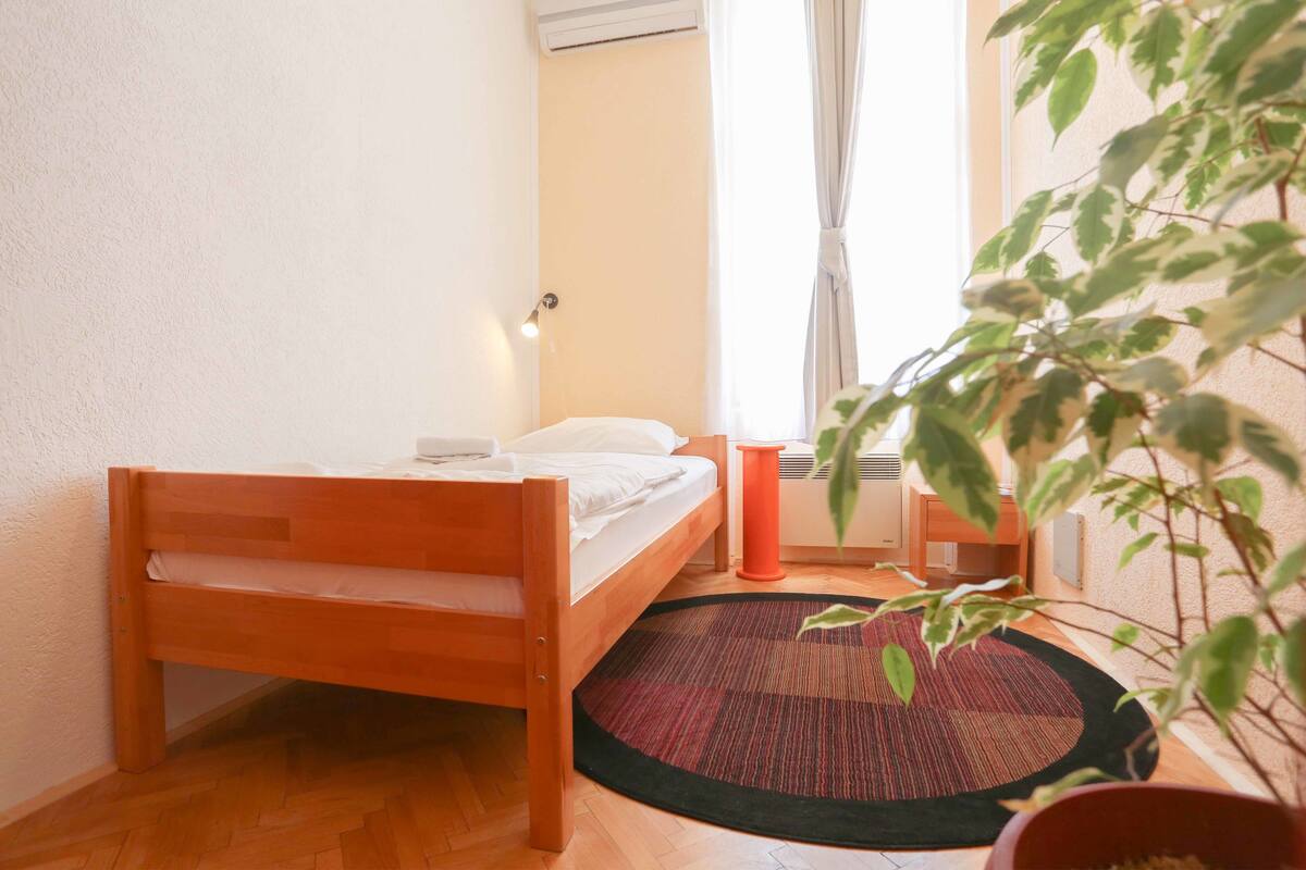 Un dormitorio pequeño y ordenado con una cama de madera, un tapete redondo, una planta en maceta y una ventana con cortinas.