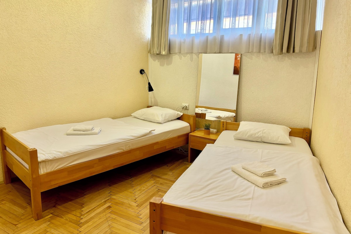 Economy Twin Room, Shared Bathroom | Insonorización, tabla de planchar con plancha y wifi gratis