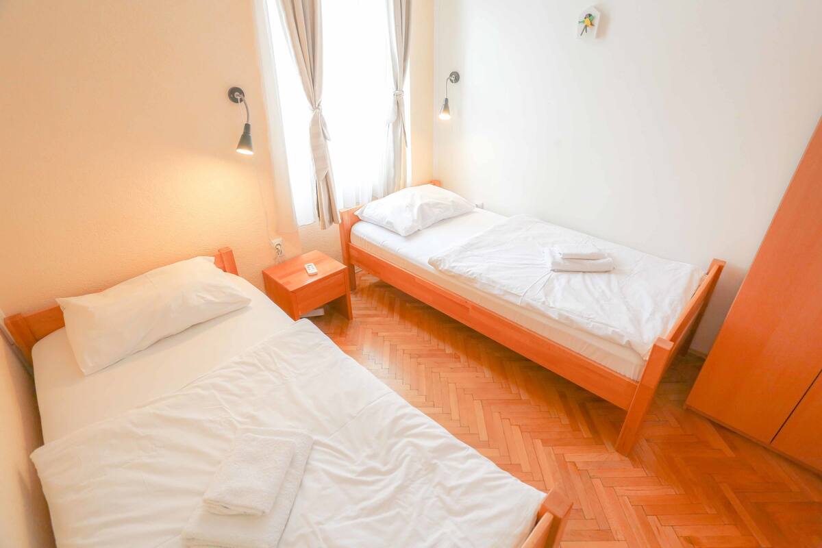 Basic Twin Room, Shared Bathroom | Insonorización, tabla de planchar con plancha y wifi gratis