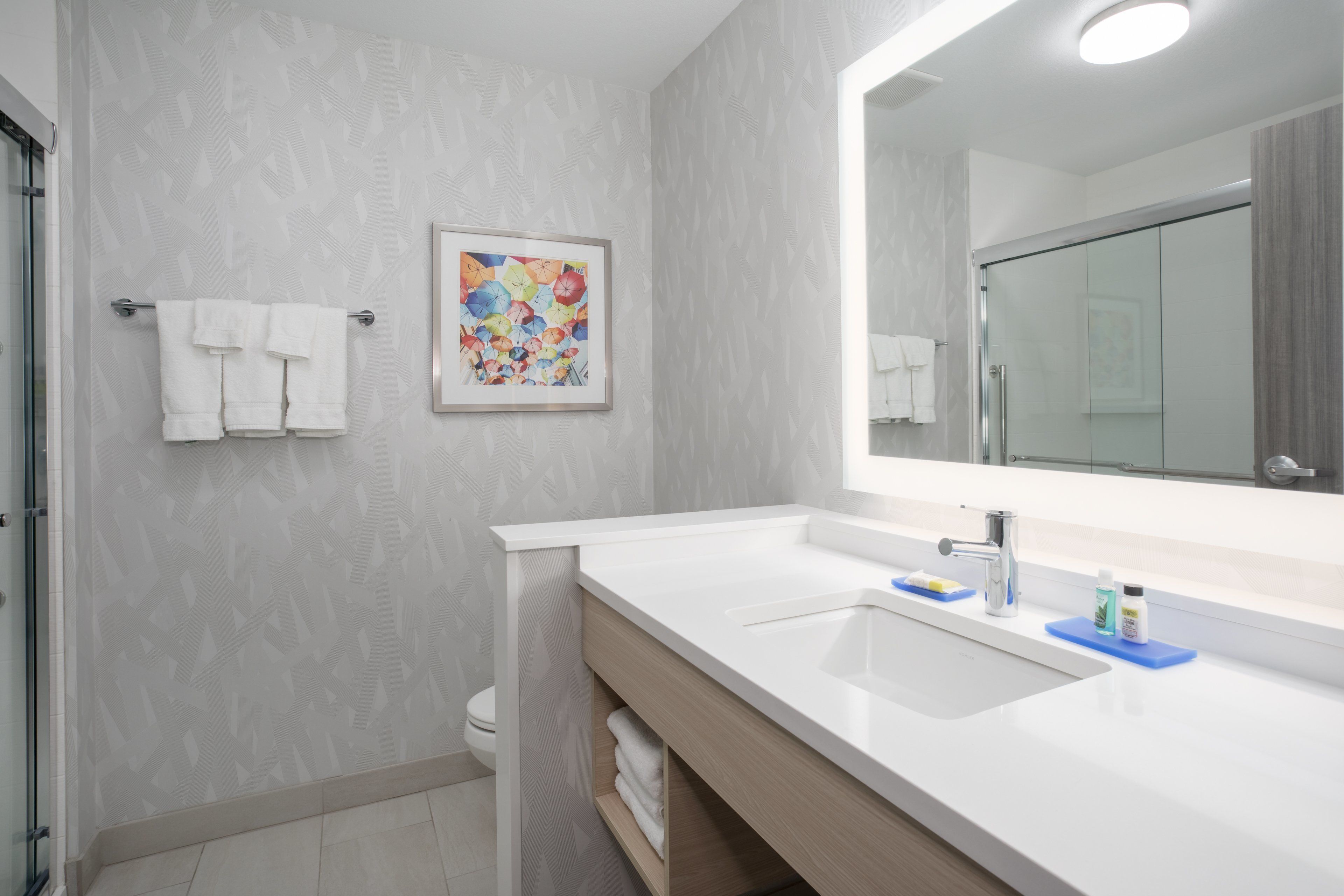 combined shower/bathtub, free toiletries, hair dryer, towels