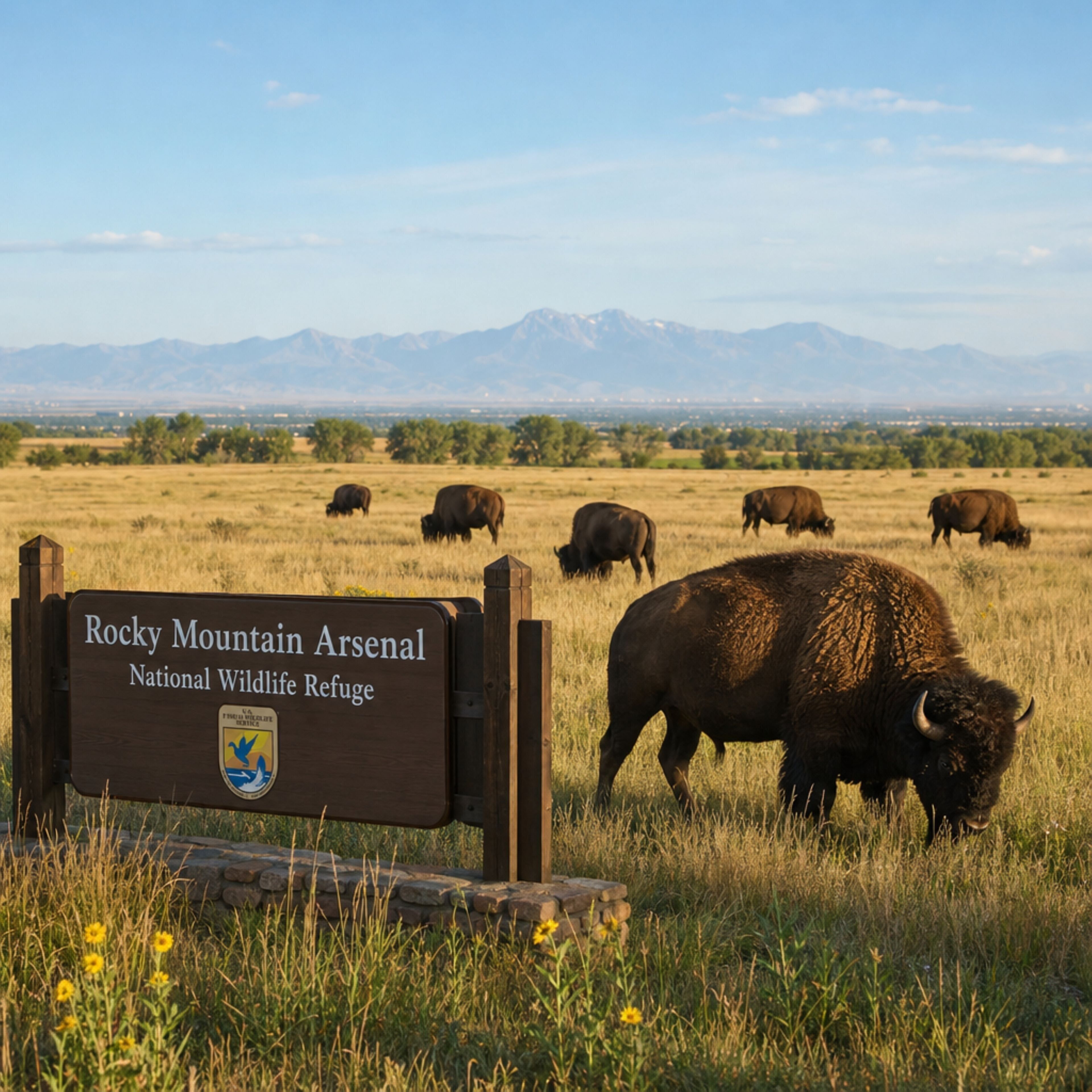 Un panneau indiquant le refuge faunique national de Rocky Mountain Arsenal, avec des bisons paissant au premier plan.