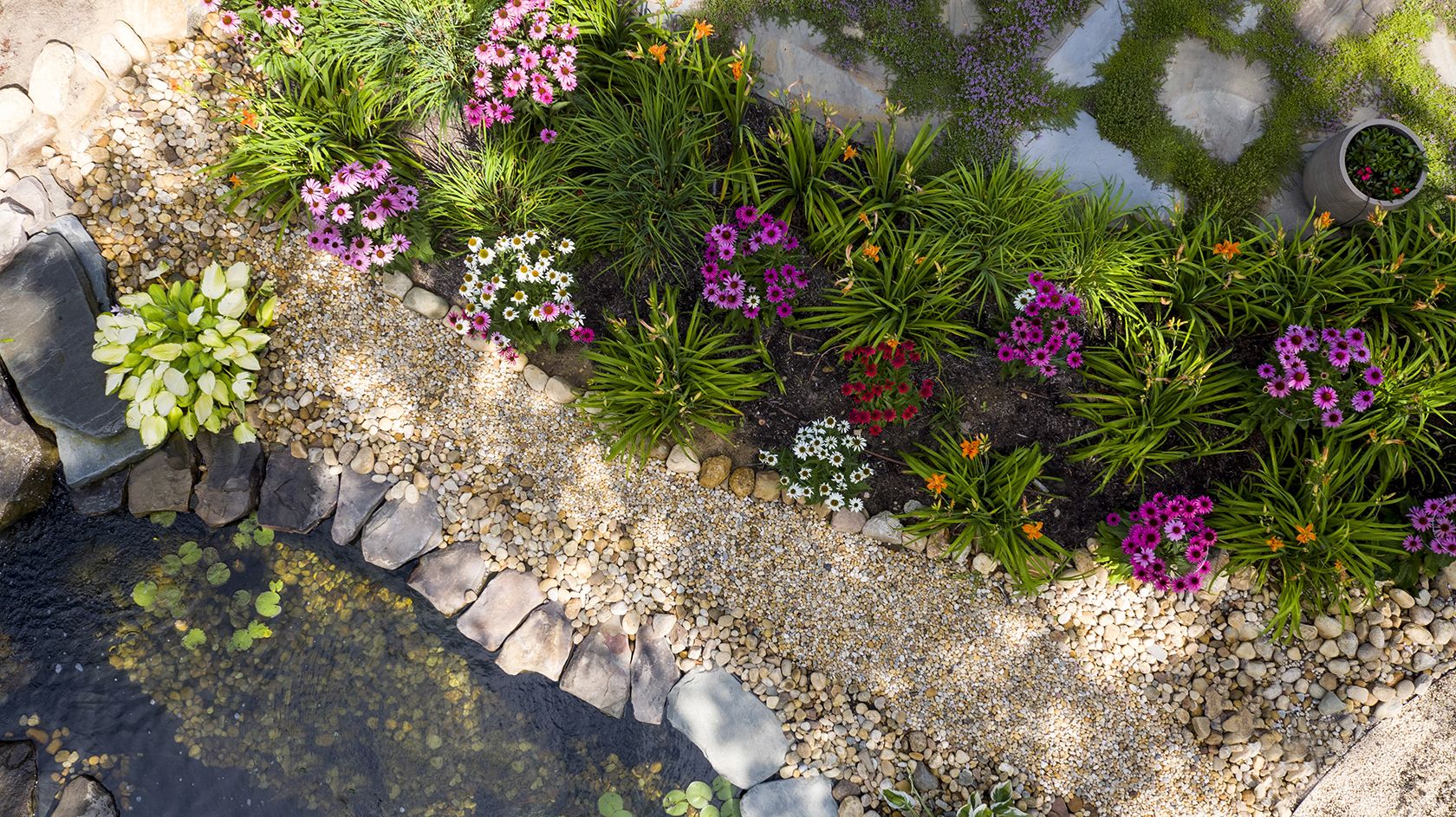 Een tuin met diverse bloemen en planten, een kiezelrand en een klein waterpartij.