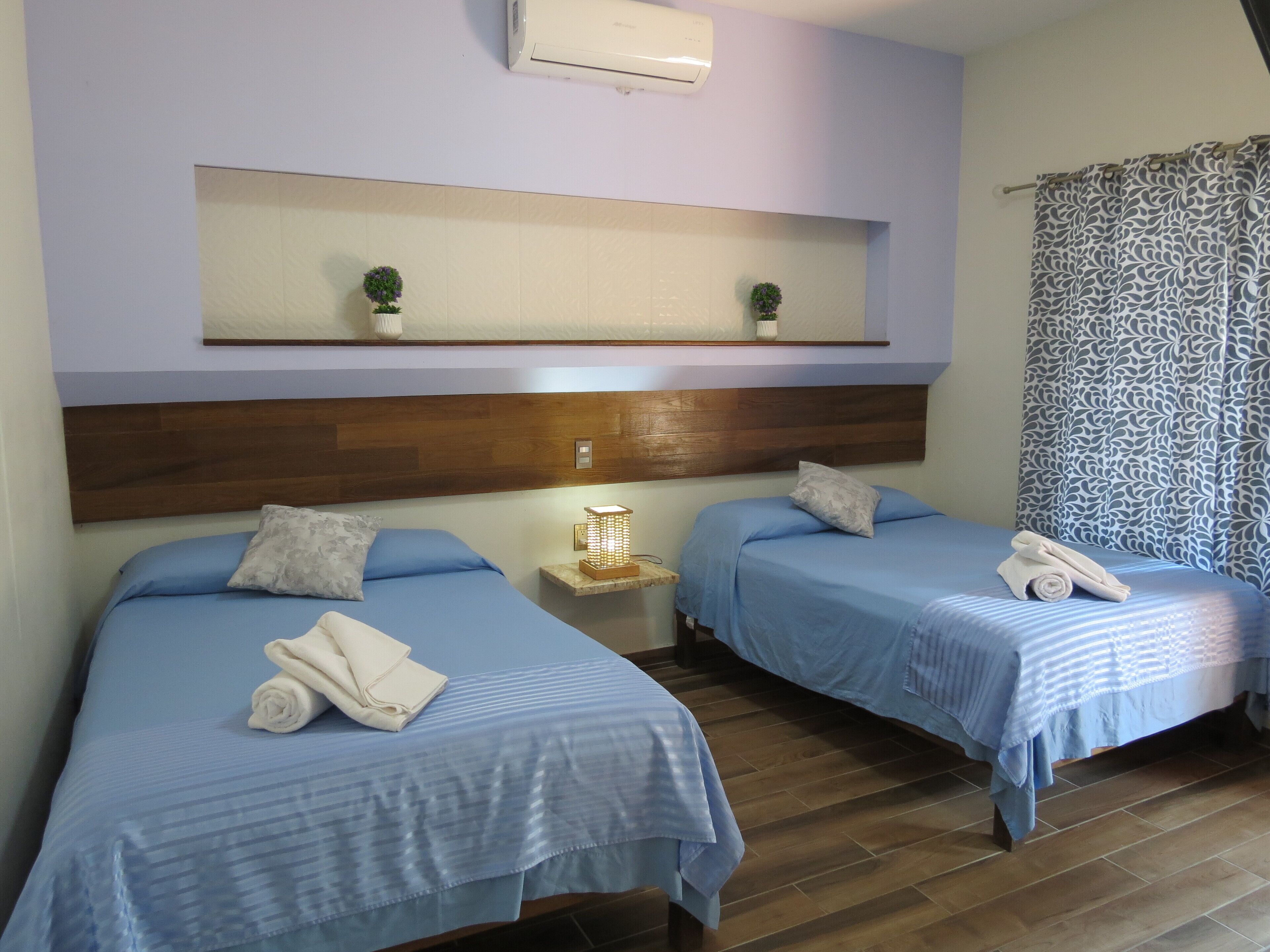 Une chambre d’hôtel avec deux lits, chacun recouvert d’une courtepointe bleue et agrémenté d’oreillers, une tête de lit en bois, une petite table de chevet avec une lampe et une étagère fixée au mur, sur laquelle sont posées deux petites plantes en pot.