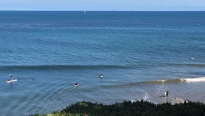 A coastal view with calm sea, distant ships, and a person paddling. - Casa Del Sol (Carpinteria)