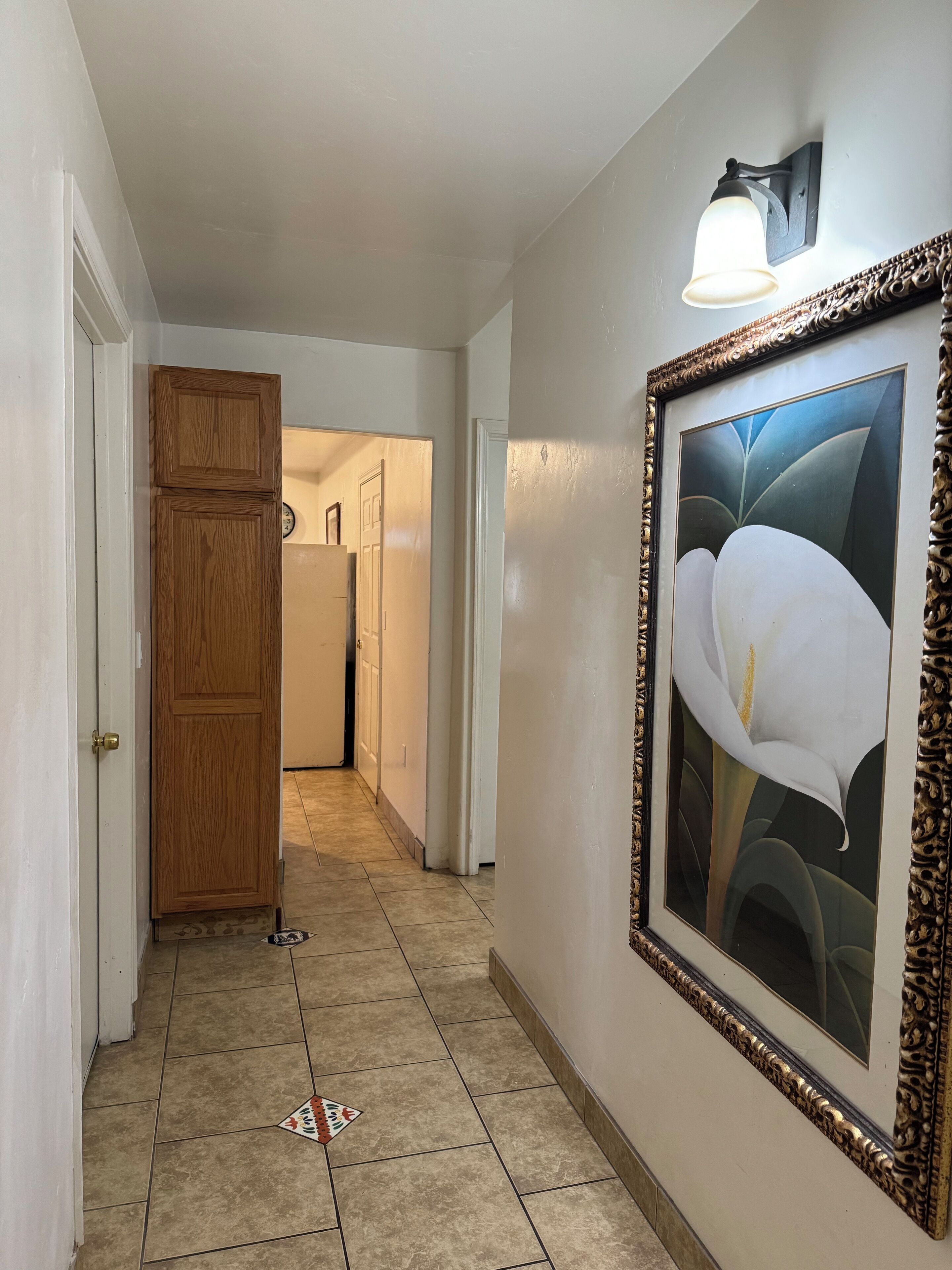 A hallway with a wooden door, a framed picture on the wall, and a light fixture above it.