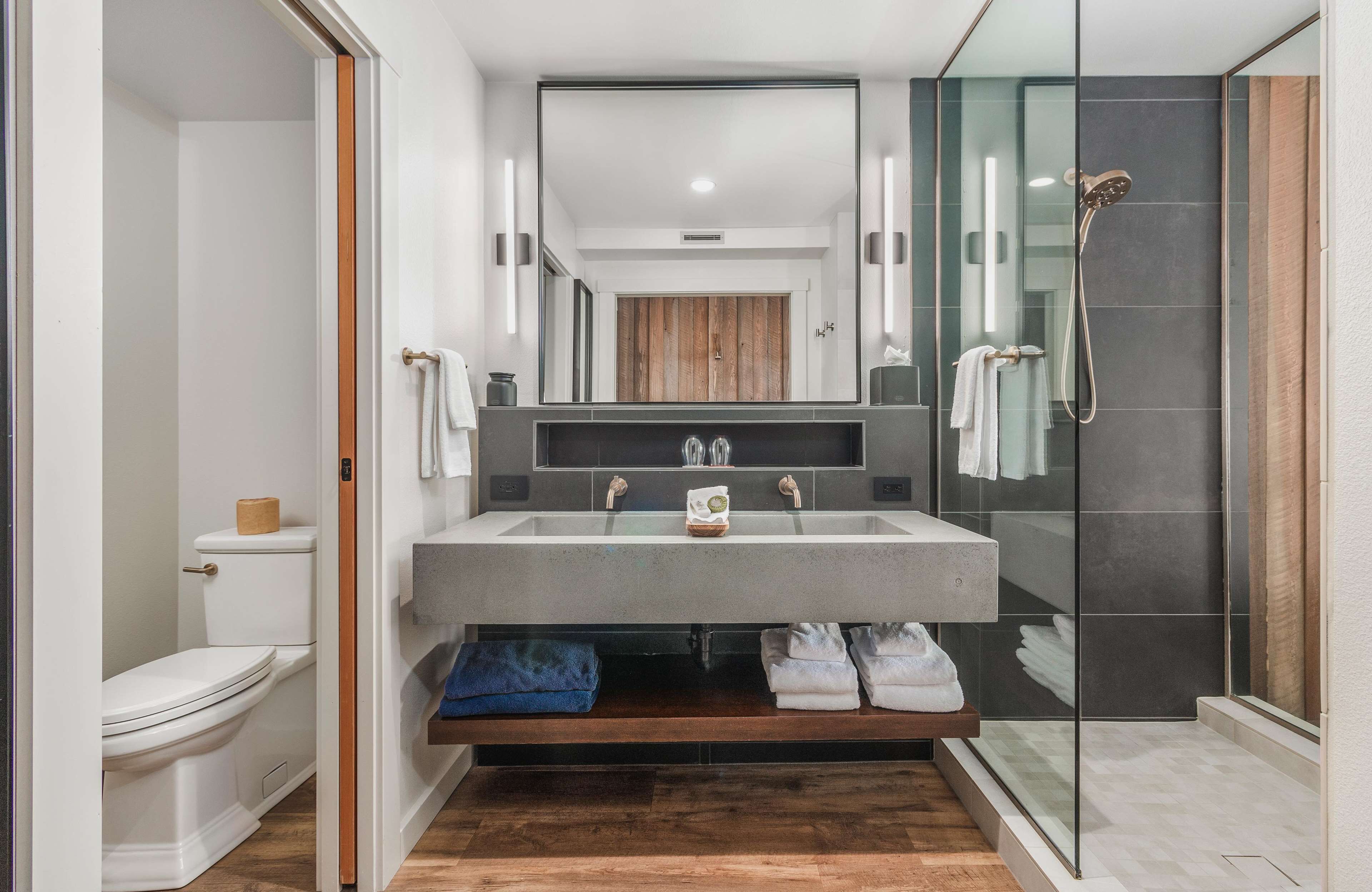 Une salle de bain moderne avec un grand lavabo, une douche en verre et un meuble-lavabo en bois.