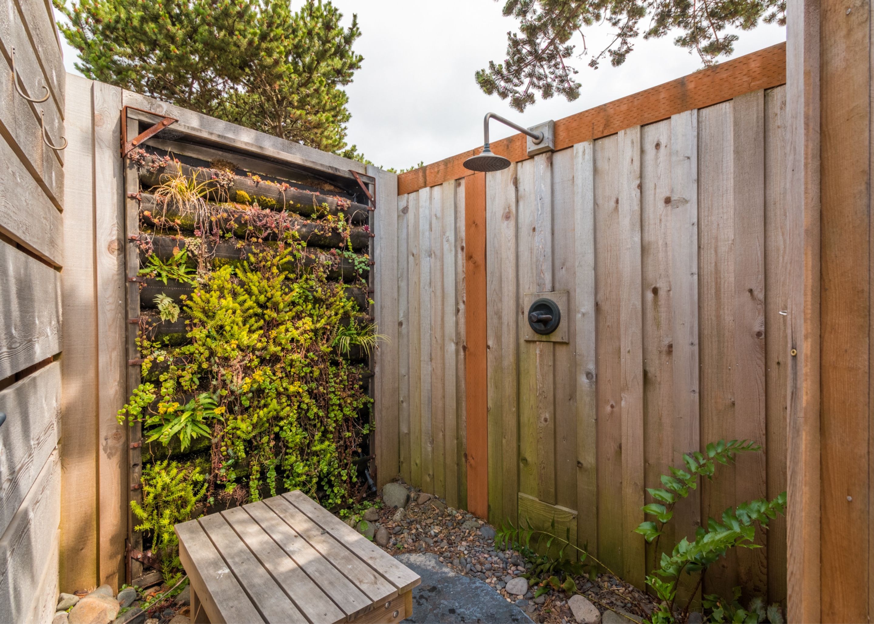 A wooden outdoor area with a vertical garden, a wooden bench, and a metal showerhead.