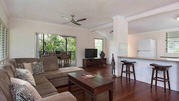 TV, DVD player, music library, stereo