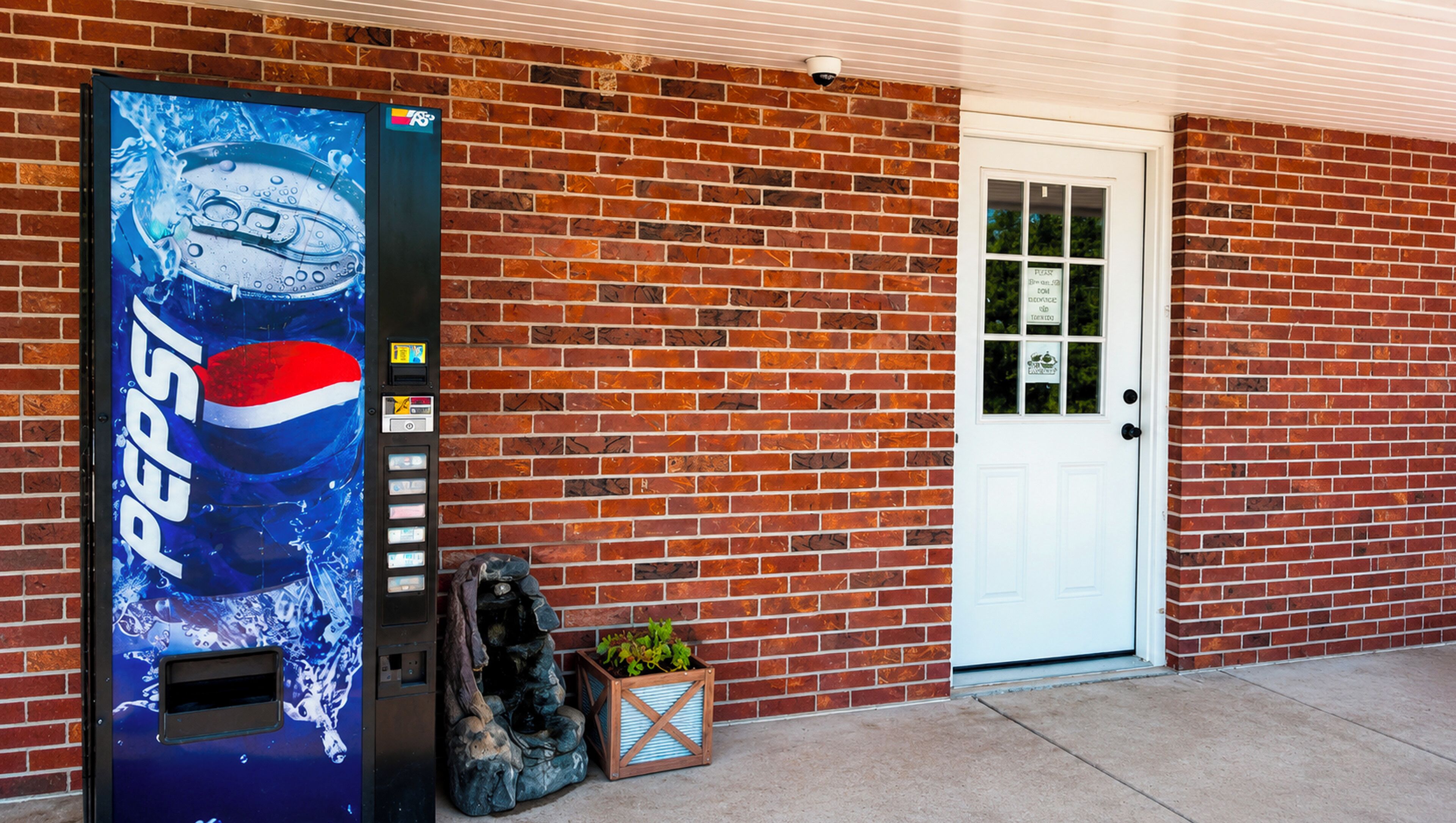 Un edificio de ladrillo con una puerta blanca y una máquina expendedora de Pepsi.