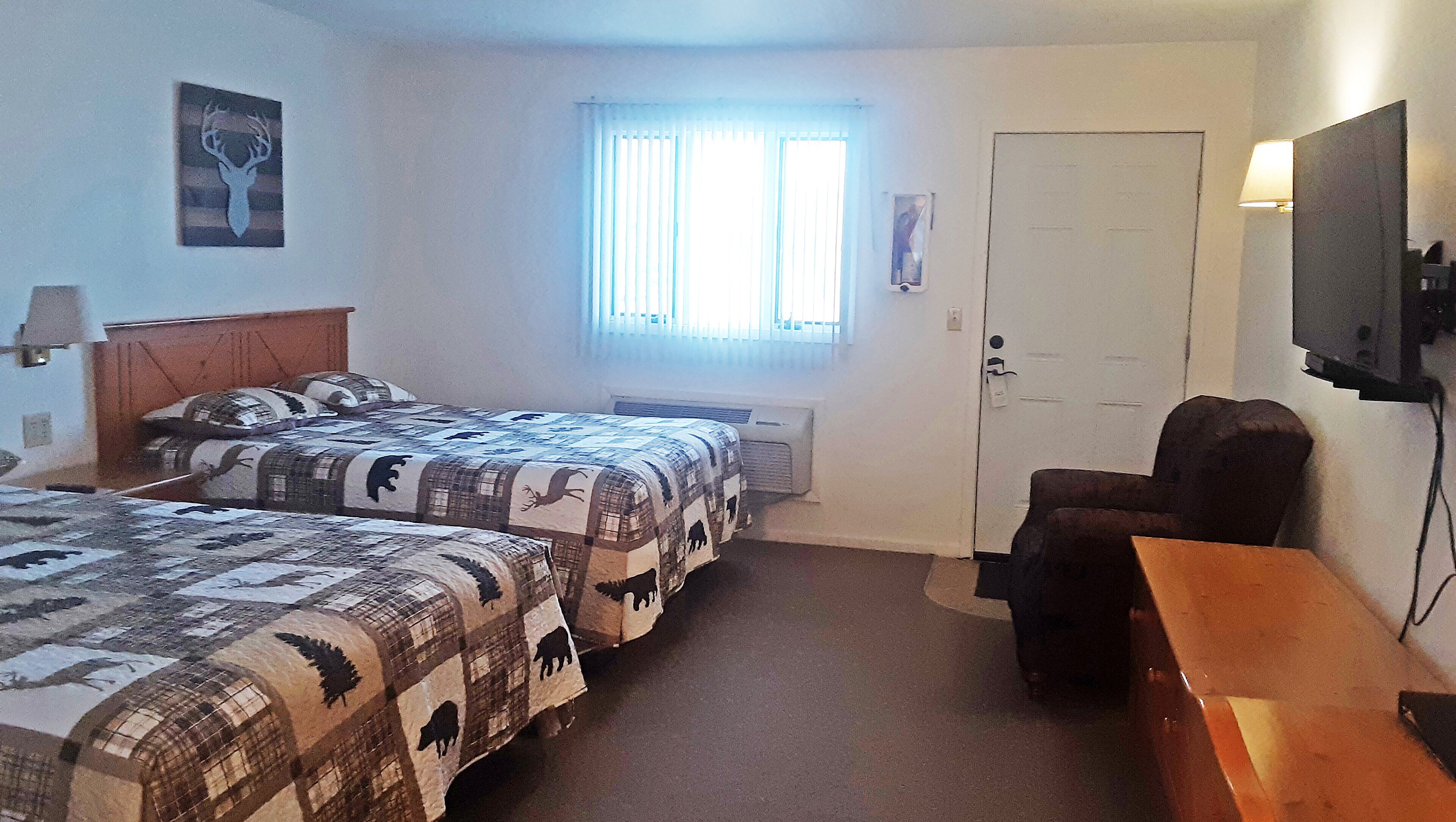 room, 2 queen beds, non smoking, refrigerator | desk, laptop workspace, blackout curtains, iron/ironing board