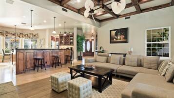 Smart TV, fireplace, DVD player, books
