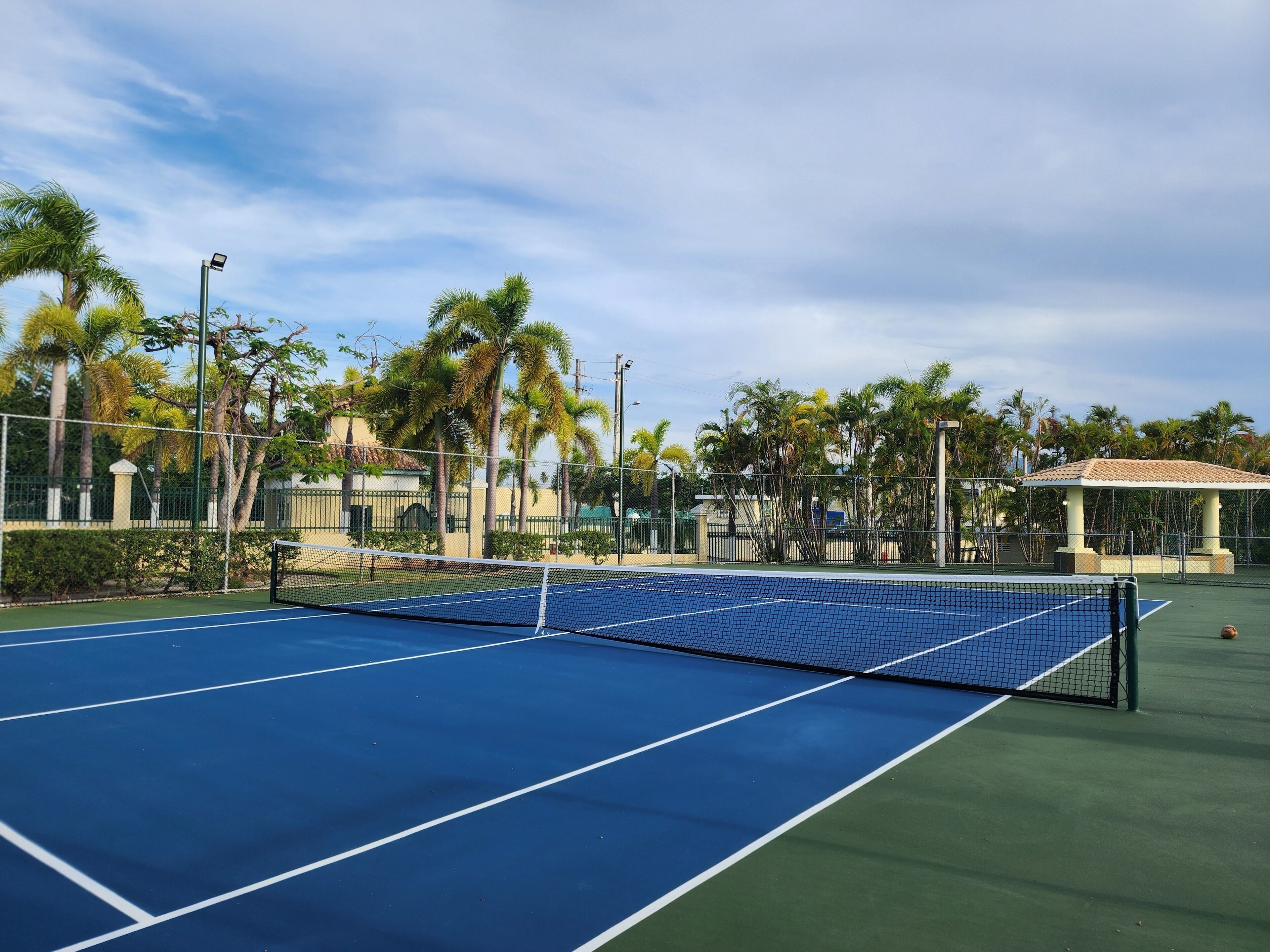 Tenniskenttä, jossa on verkko, ja jonka ympärillä on palmuja sekä pieni huvimaja.