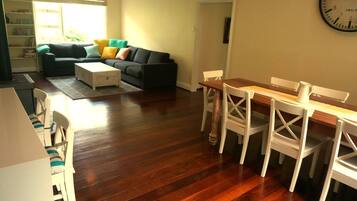 TV connectée, cheminée, lecteur de DVD, livres