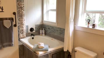 Combined shower/tub, hair dryer, towels, soap