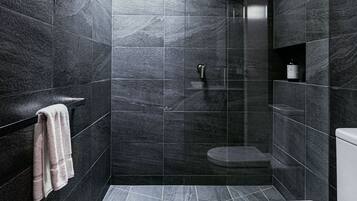 Shower, rainfall showerhead, hair dryer, slippers