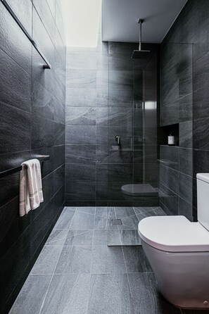 Shower, rainfall showerhead, hair dryer, slippers