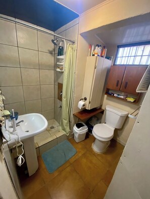 Une petite salle de bain comprenant un lavabo, des toilettes et une douche.