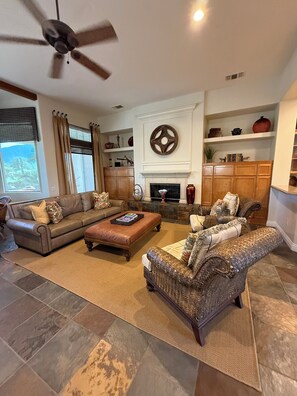 Smart TV, fireplace, video games, DVD player