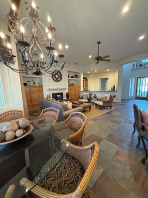 Smart TV, fireplace, video games, DVD player