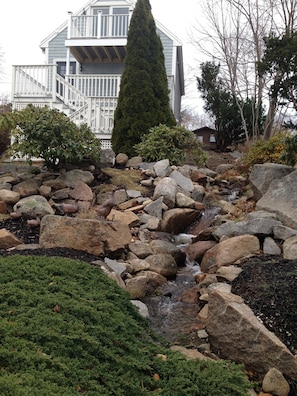 Escape to a serene oasis surrounded by lush greenery and a tranquil stream.