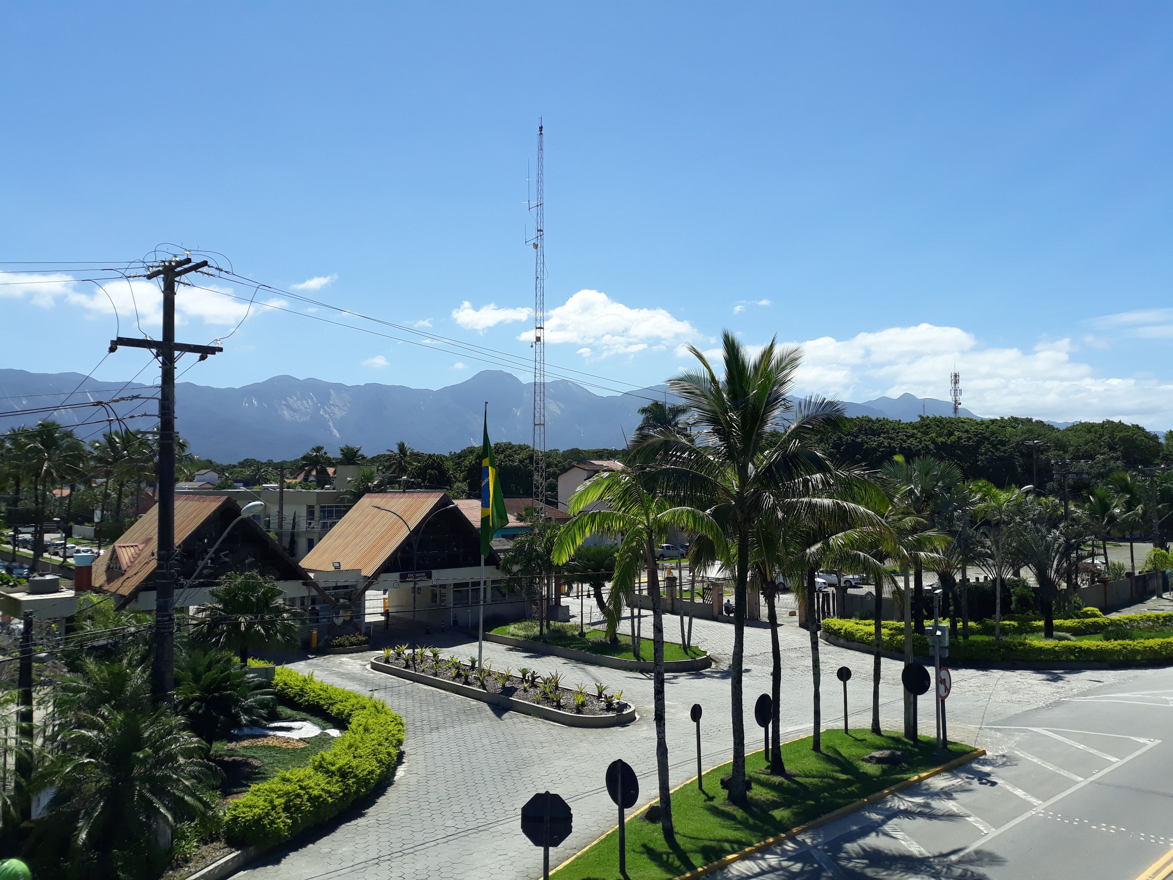 A residential area with a street, palm trees, and a mountain range in the background.