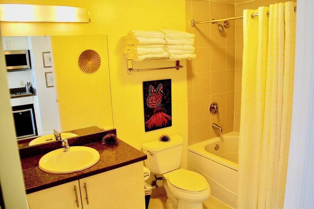 Bañera, secador de pelo, toallas, jabón