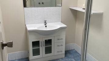 A bathroom with a white sink, a mirror above it, and a shower area.