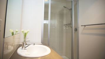 Bathtub, hair dryer, towels, soap