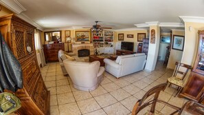 TV, fireplace, DVD player, books