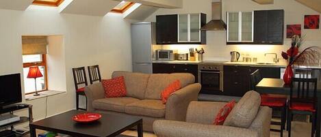 TV, DVD player, books, music library