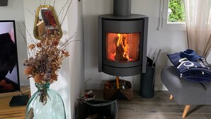 A cozy living room with a modern fireplace, a glass vase with dried flowers, a comfortable sofa, and a television. - 4 BEDROOM HOUSE FOR 2 to 6 PEOPLE (La Forêt-Fouesnant)