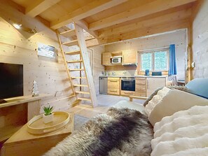 A cozy cabin interior with a wooden interior, a loft bed, a kitchen area, and a television. - Small chalet with breathtaking views of Mont-Blanc, 5 minutes from the ski slopes (Sallanches)