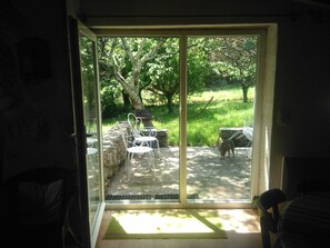 Een kamer met een schuifglazen deur die uitkomt op een terras met een barbecue, stoelen en een hond.
