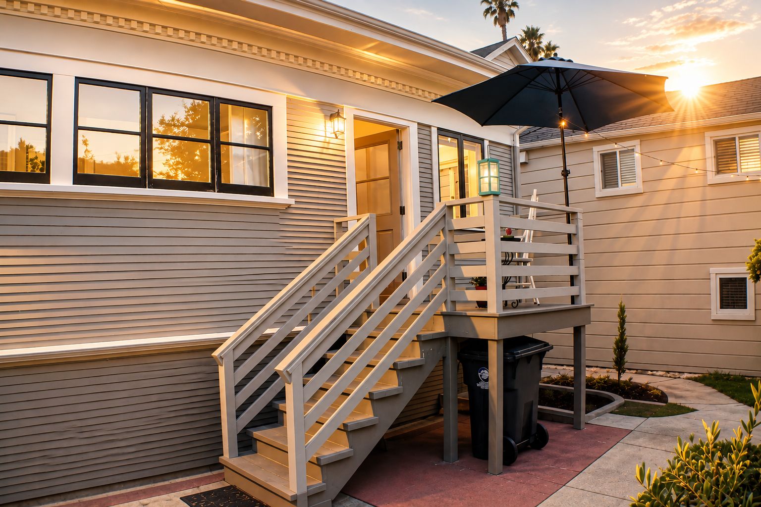 A residential building with a wooden staircase leading to a covered outdoor area, a trash bin, and a small garden.