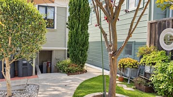 A residential property with a paved driveway, a well-maintained lawn, and various potted plants.