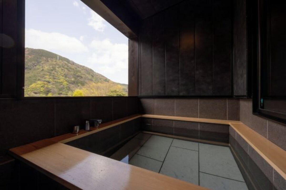 Une salle de bain moderne avec une grande fenêtre, des murs en bois foncé et un plan de toilette en bois.