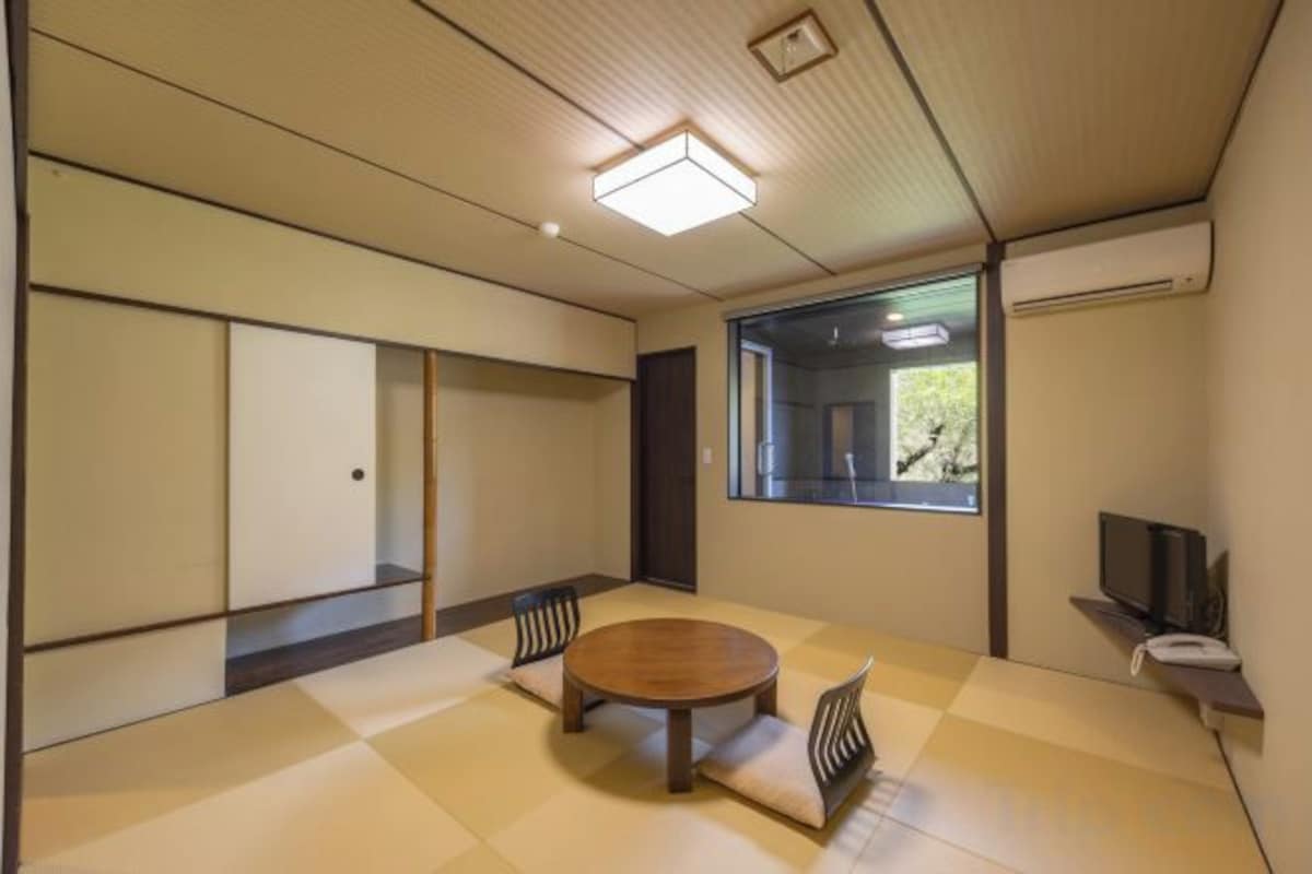 A room with tatami flooring, a round table, chairs, a television, and a window with a view.