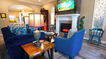 TV, fireplace, video games, books