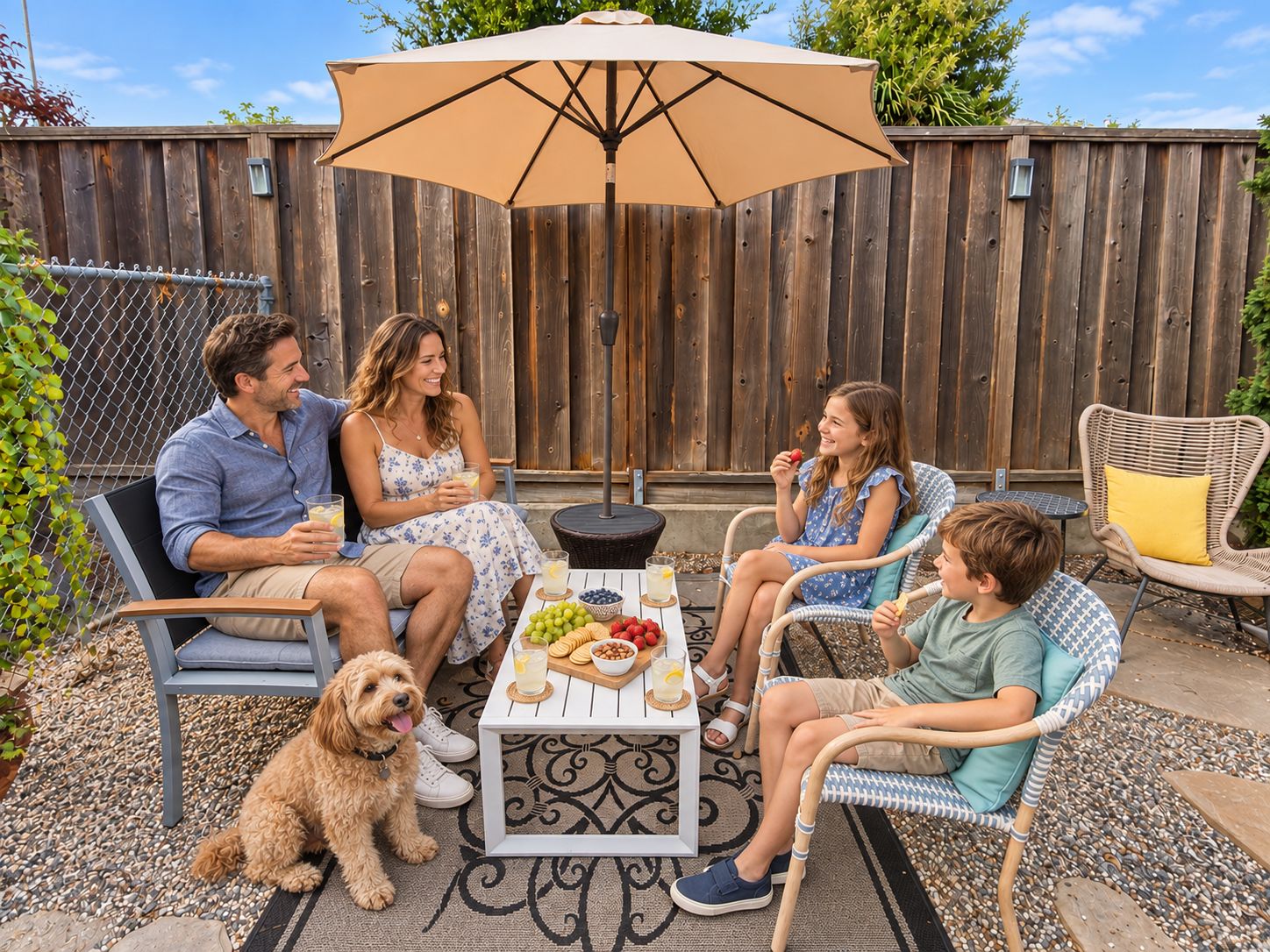 A family of four seated at an outdoor table with a variety of snacks and drinks, under a large umbrella, with a wooden fence in the background.