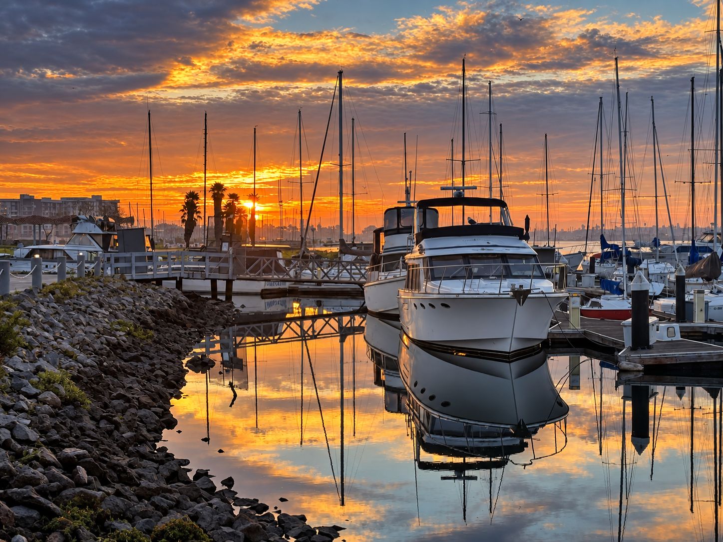 Ein Yachthafen mit anlegenden Booten, eine felsige Küstenlinie und ein Sonnenuntergang im Hintergrund.