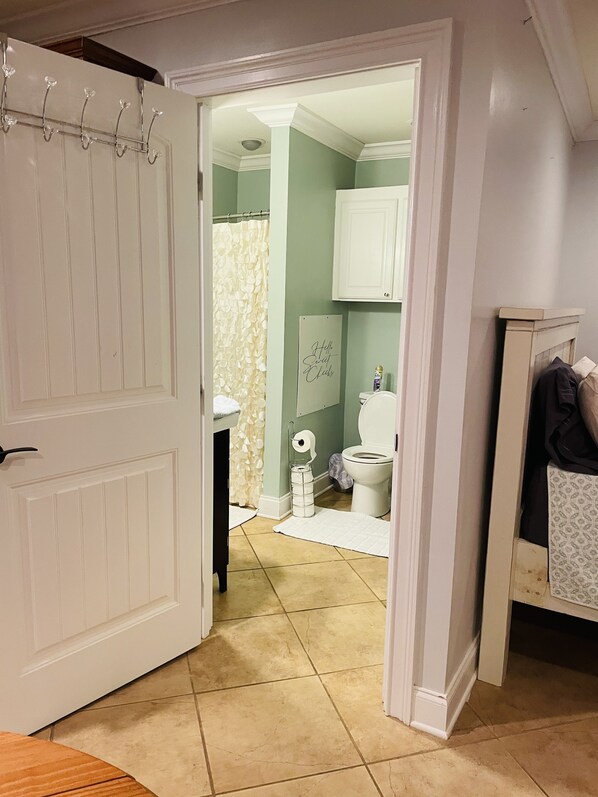 Hair dryer, towels, soap, toilet paper