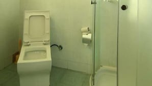 A bathroom with a toilet, a glass shower enclosure, and a window.