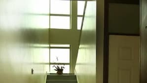 A staircase leading to a landing with a door and a window.