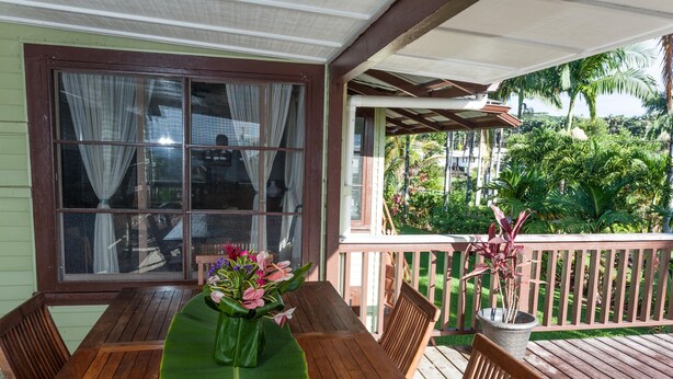 Eine Holzterrasse mit Tisch und Stühlen, einem Blumentopf und Blick auf einen üppigen Garten.