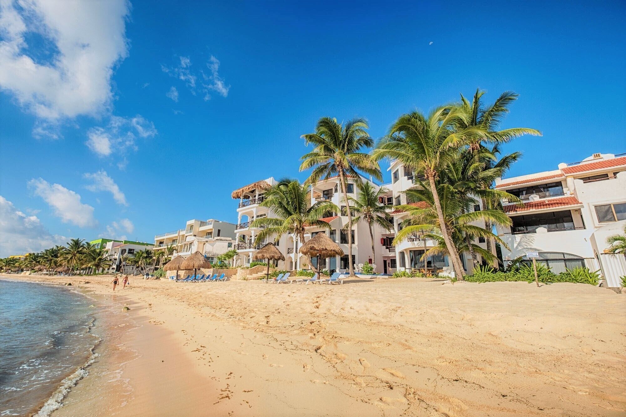 A beachside hotel with multiple floors, palm trees, and beach chairs.