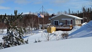 Una casa de planta baixa amb un porxo davanter, una antena parabòlica i un alabat amb una bandera.