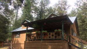 Eine Holzhütte mit Balkon, umgeben von hohen Bäumen.