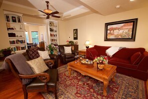 TV, fireplace, books